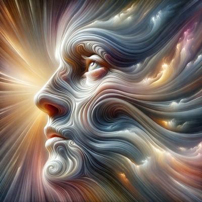The primary subject of the image is a close-up of a human head, which is the main focus of the image. The setting is a cloudy sky, which serves as the backdrop for the head. The visual style of the image is digital art, as it is a computer-generated representation of a human head. The colors and mood of the image are vibrant and dynamic, with the head being the central point of interest.